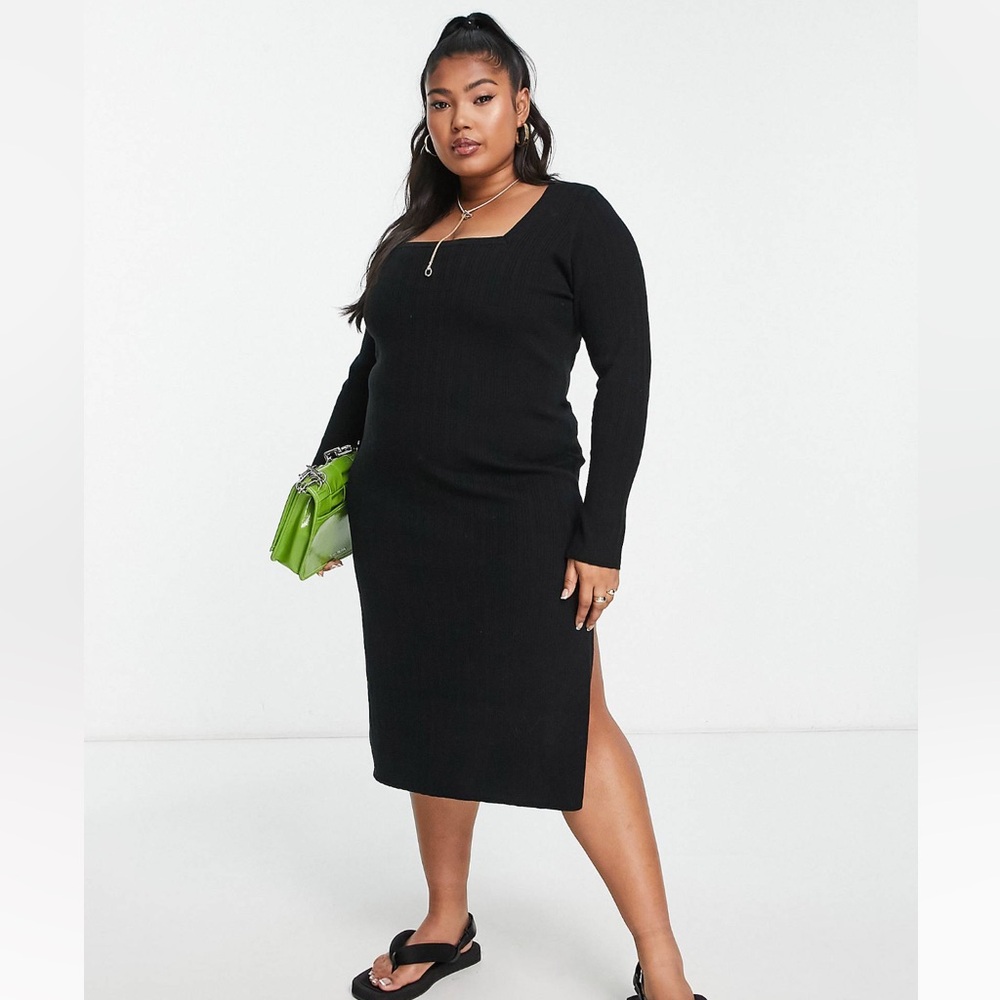 Square neck knit midi dress